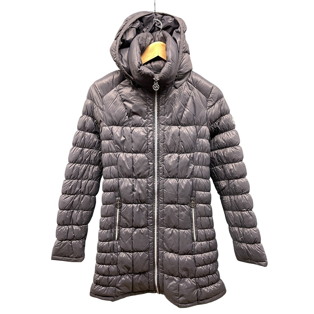 Michael Kors Packable Puffer Parka Jacket Womens S Gray Quilted Hooded Winter